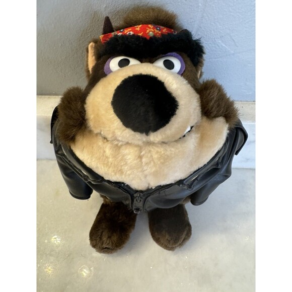 Tasmanian Devil Black Leather Motorcycle Biker Jacket Bandana 1993 9" Plush - Picture 11 of 12